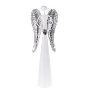 Velký dekorační kovový LED anděl se srdcem, 16 x 49 x 9,5 cm, bílá